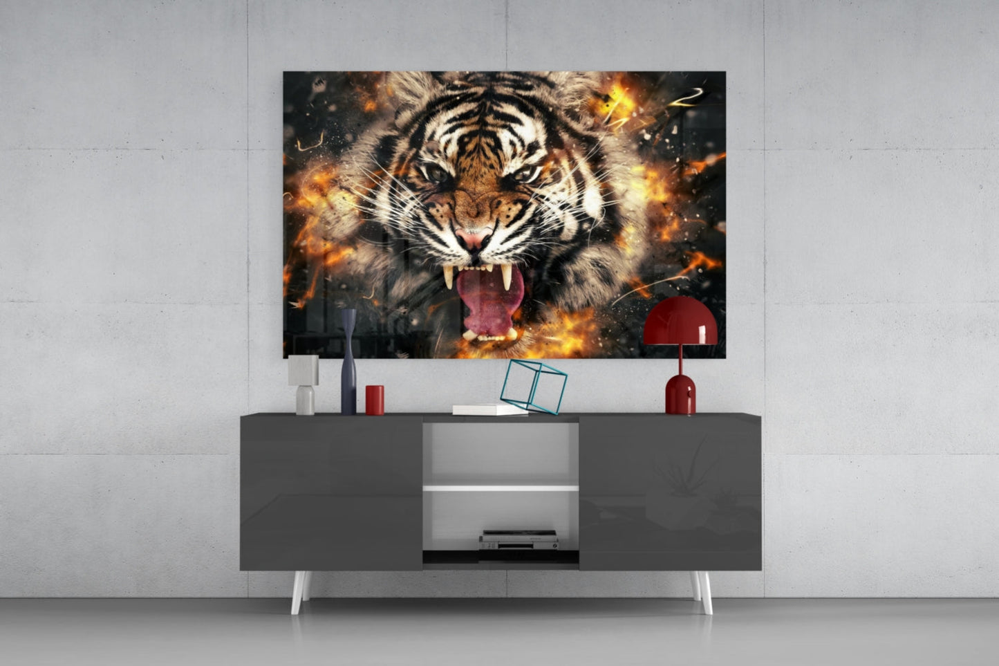 Roaring Tiger in Fire Sparks Glass Wall Art
