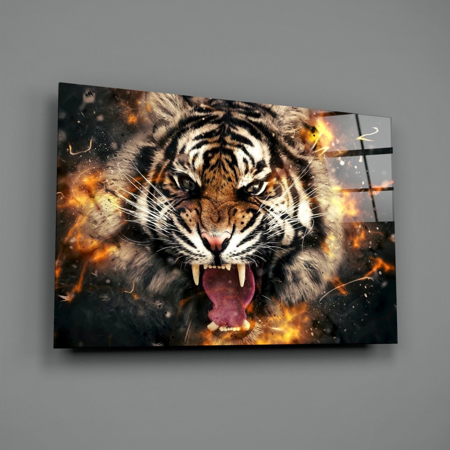 Roaring Tiger in Fire Sparks Glass Wall Art