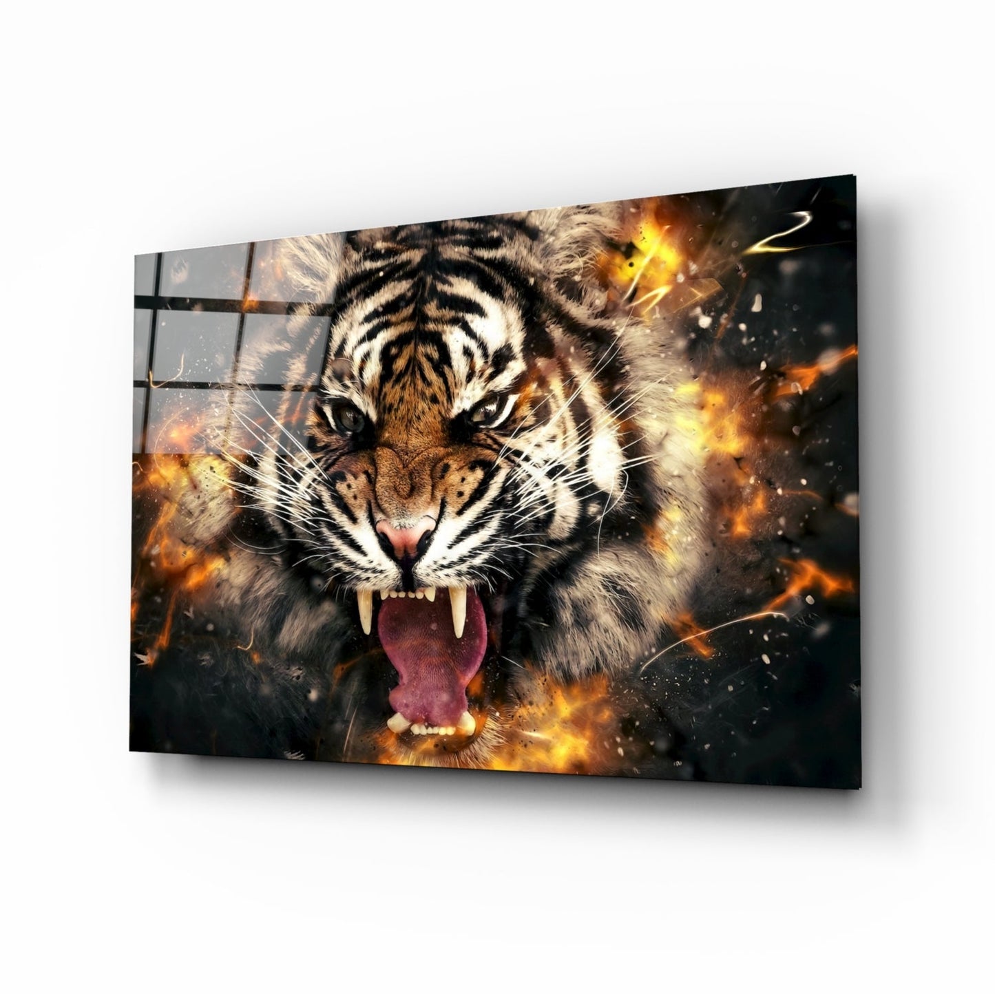 Roaring Tiger in Fire Sparks Glass Wall Art