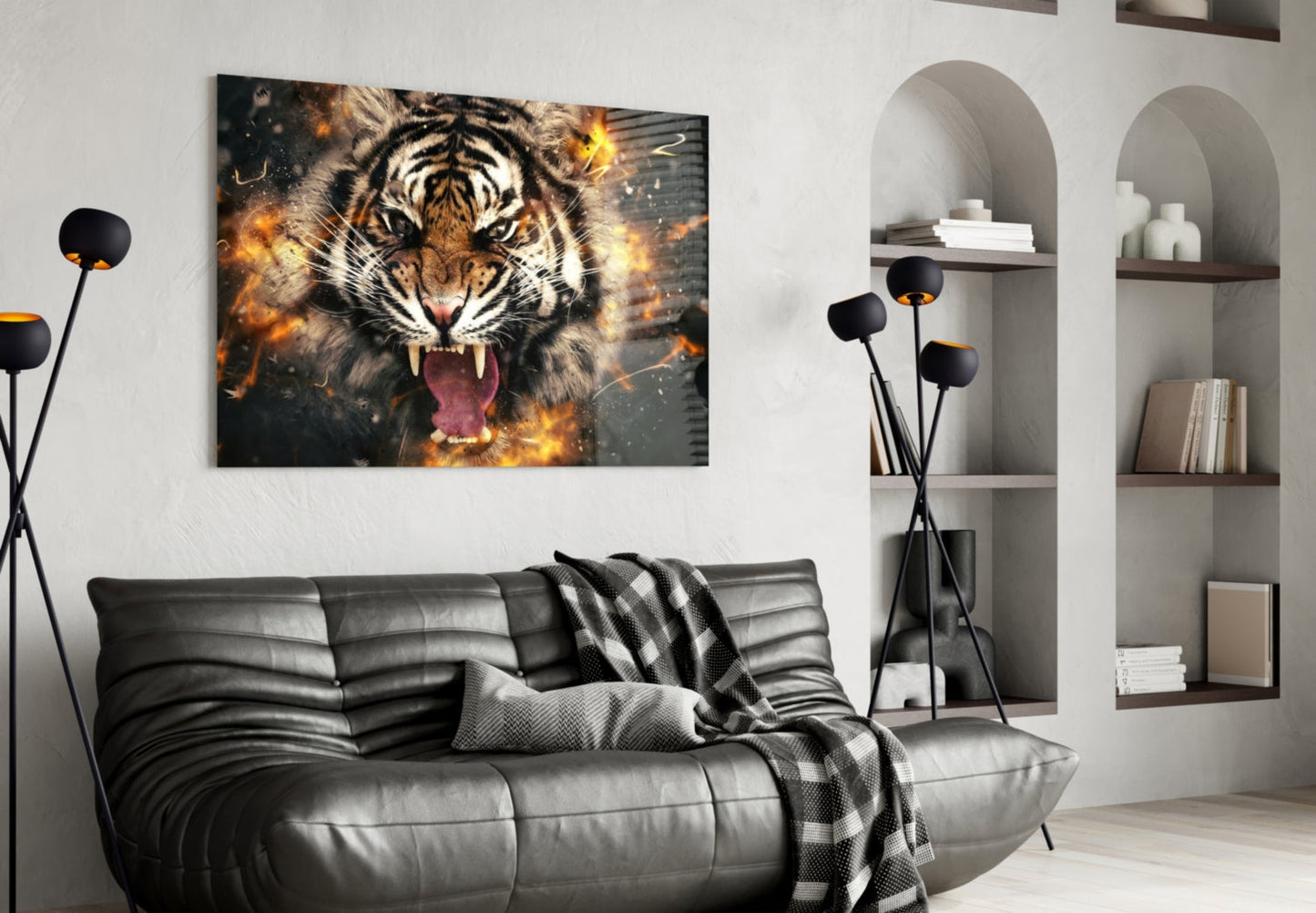 Roaring Tiger in Fire Sparks Glass Wall Art