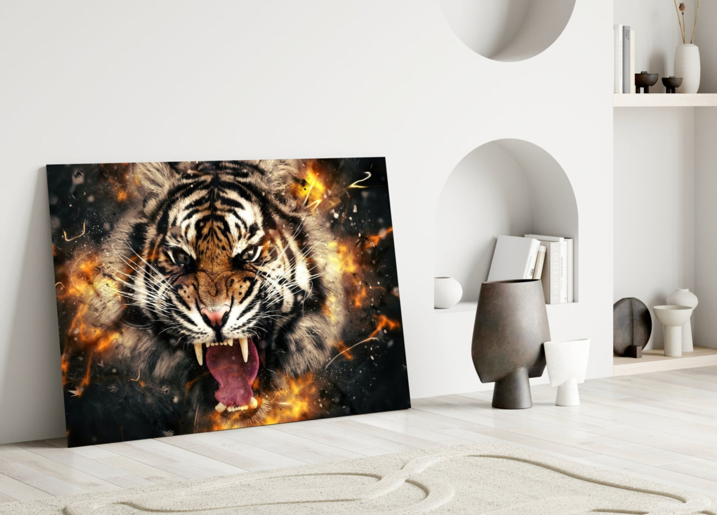 Roaring Tiger in Fire Sparks Glass Wall Art