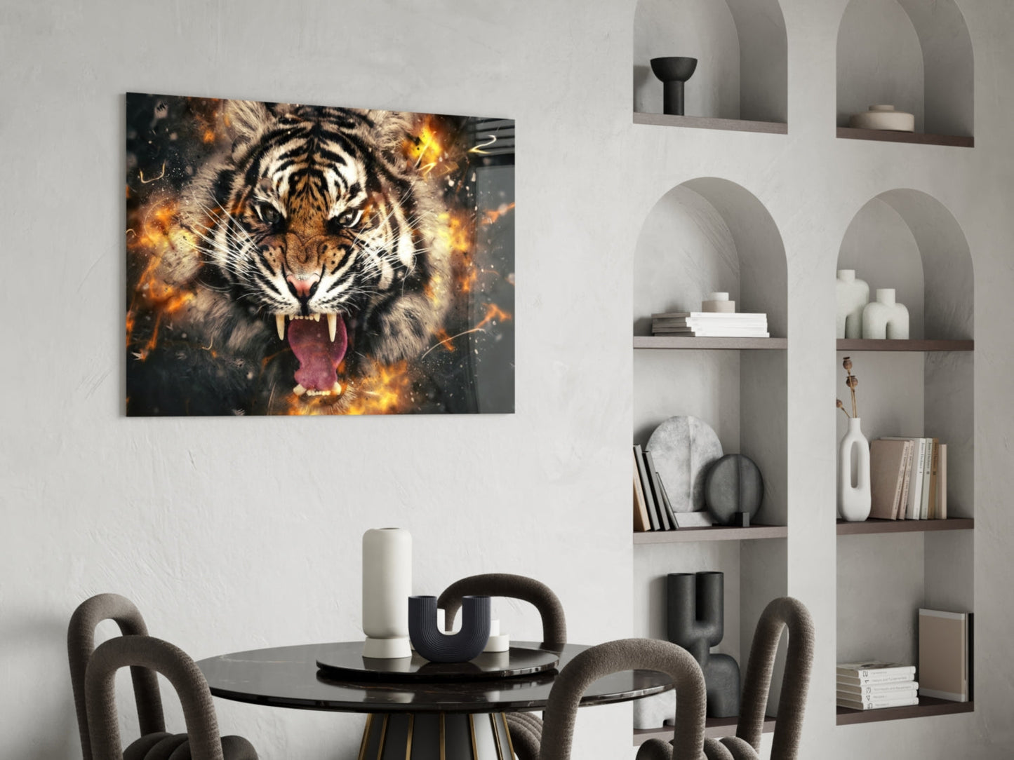 Roaring Tiger in Fire Sparks Glass Wall Art