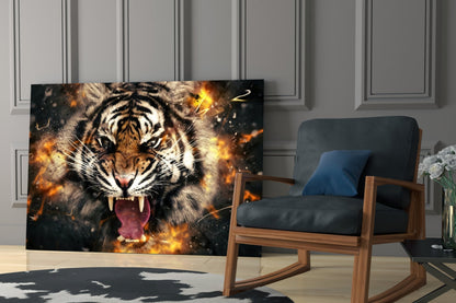 Roaring Tiger in Fire Sparks Glass Wall Art