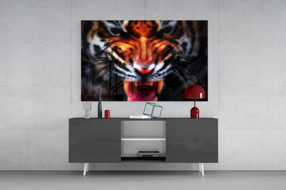 Snarling Tiger Closeup Amber Glass Wall Art