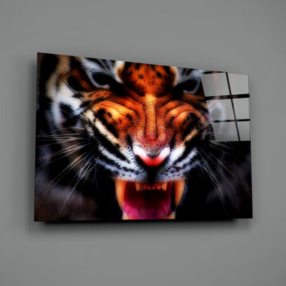 Snarling Tiger Closeup Amber Glass Wall Art