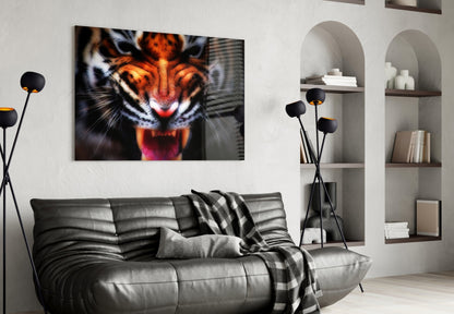 Snarling Tiger Closeup Amber Glass Wall Art