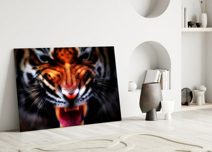 Snarling Tiger Closeup Amber Glass Wall Art
