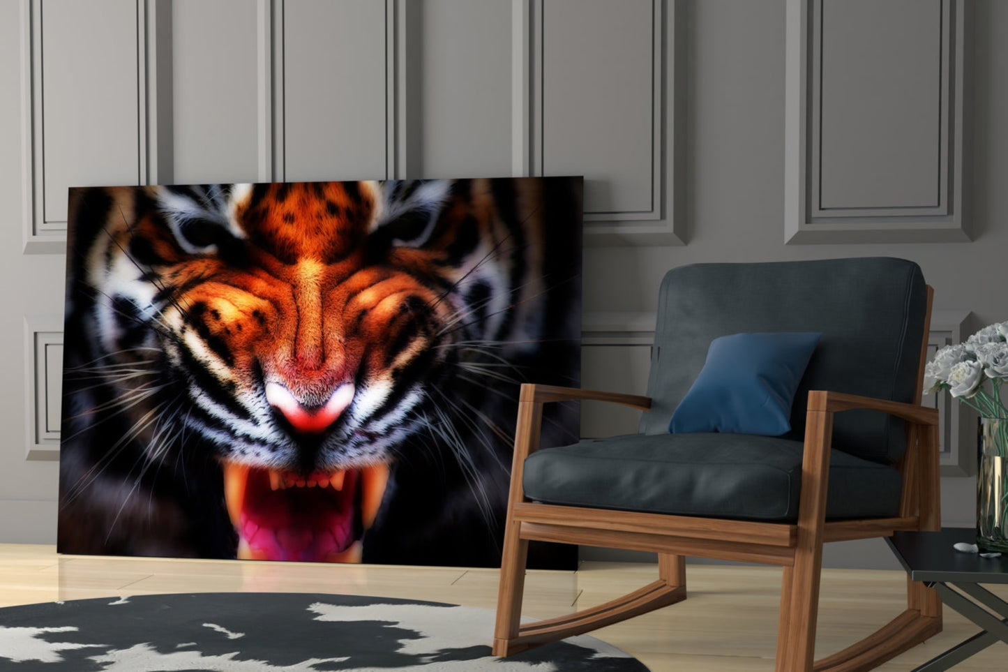 Snarling Tiger Closeup Amber Glass Wall Art
