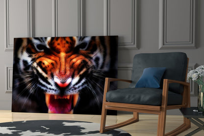 Snarling Tiger Closeup Amber Glass Wall Art