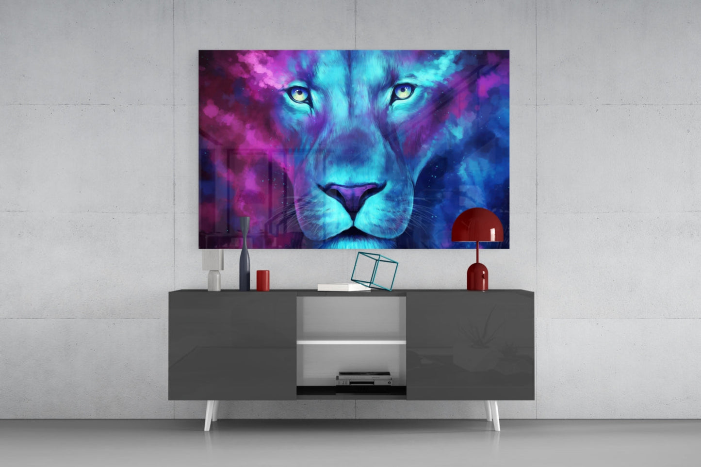 Neon Nebula Blue Lioness Glass Wall Art