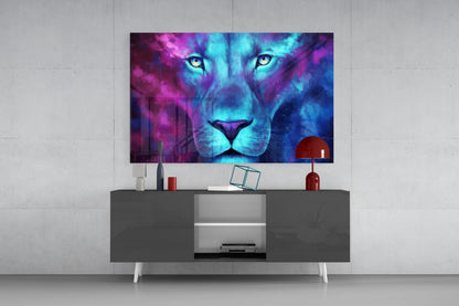 Neon Nebula Blue Lioness Glass Wall Art
