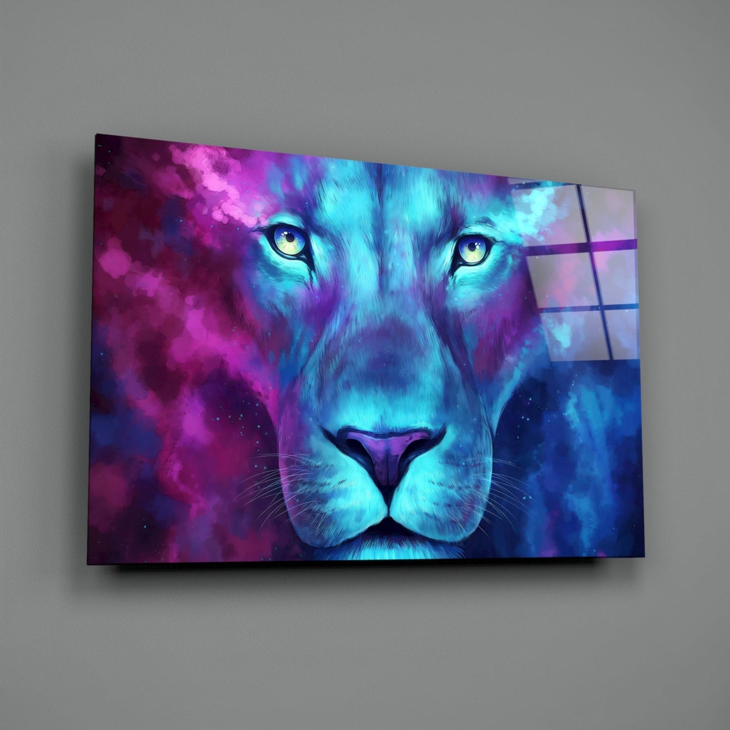 Neon Nebula Blue Lioness Glass Wall Art