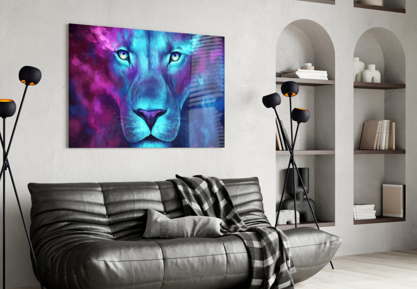 Neon Nebula Blue Lioness Glass Wall Art