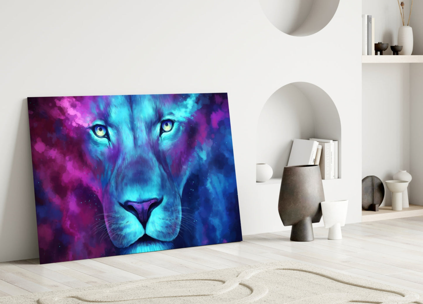 Neon Nebula Blue Lioness Glass Wall Art