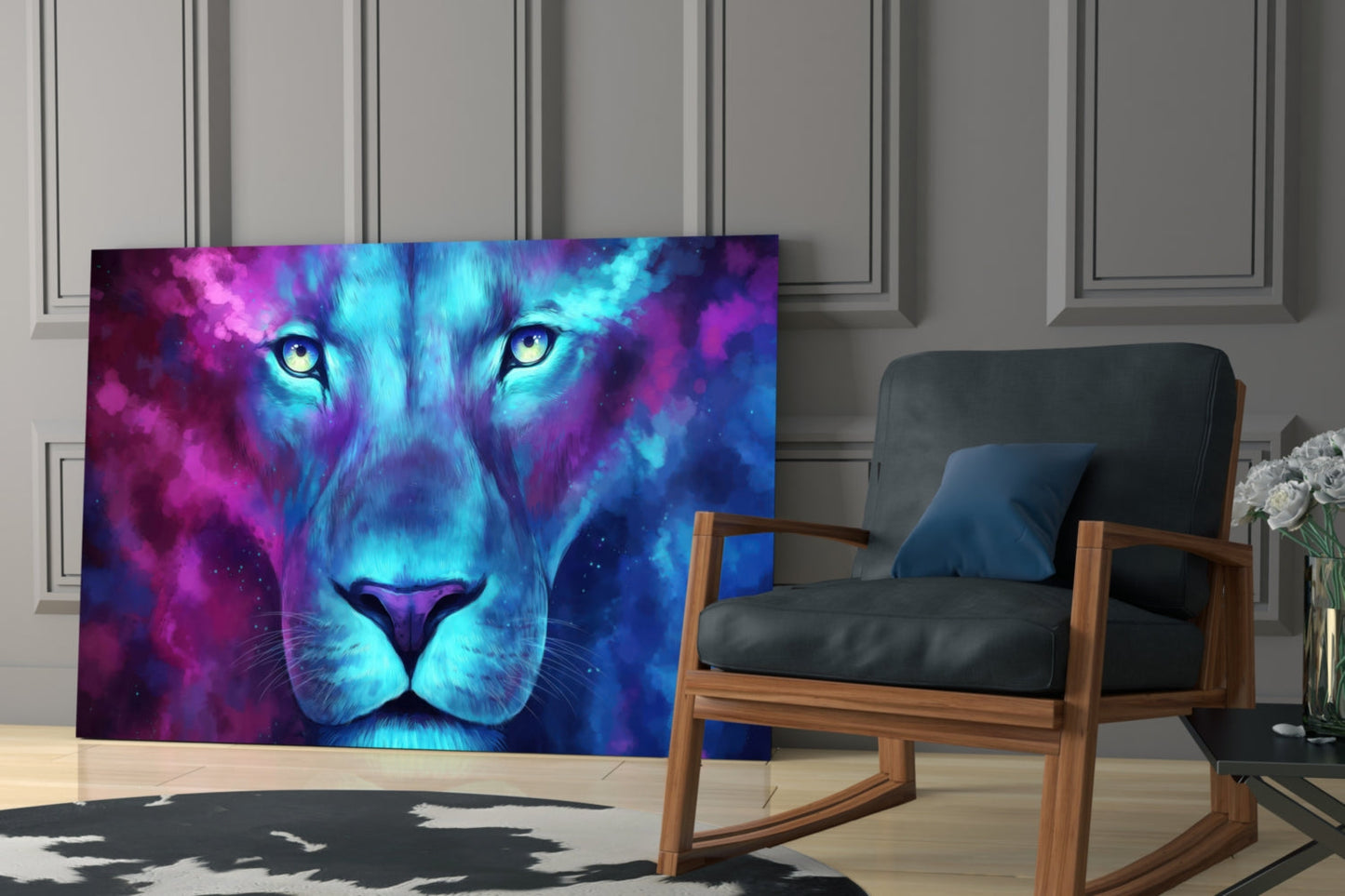 Neon Nebula Blue Lioness Glass Wall Art