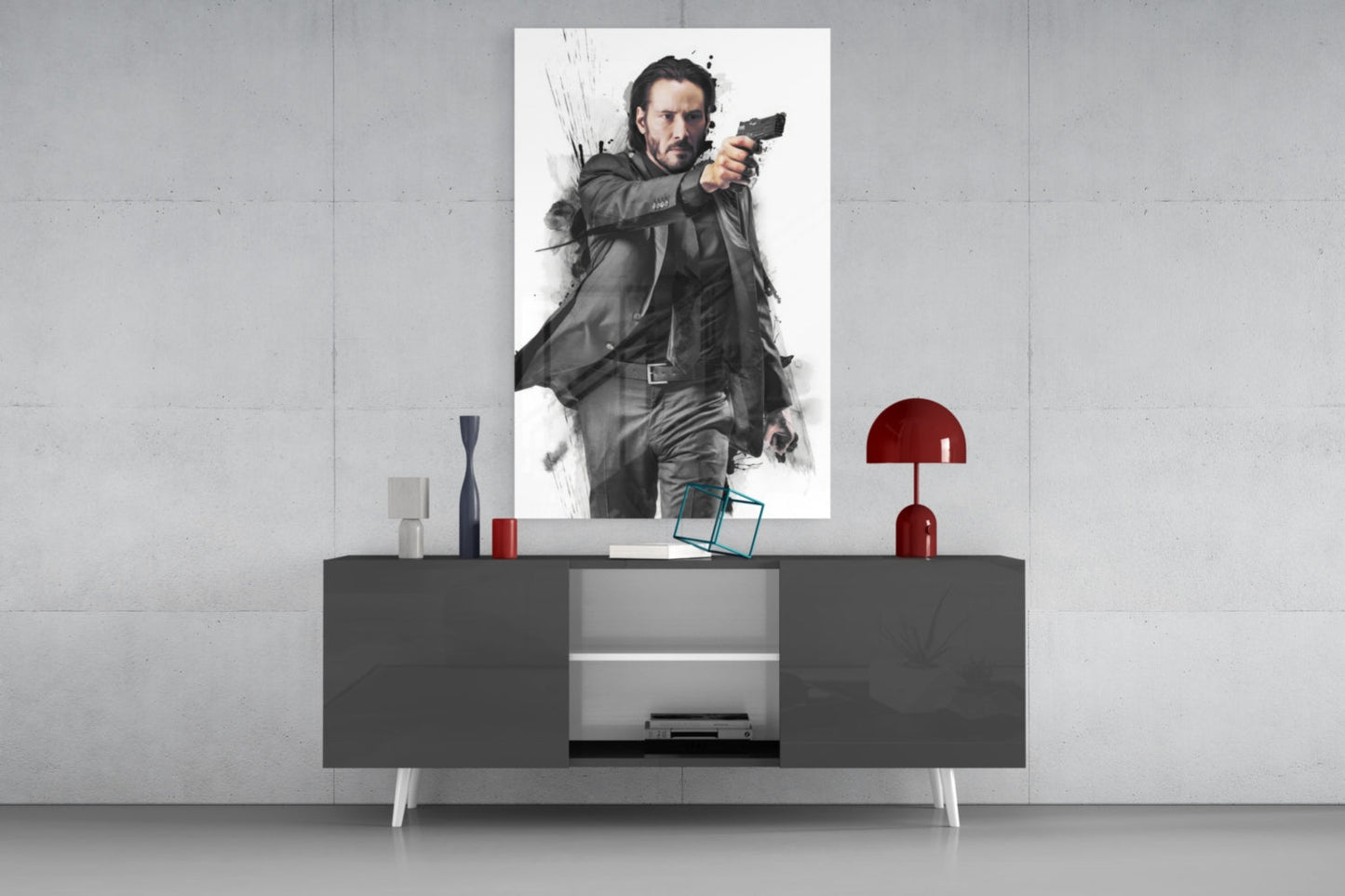 Suited Gunman Ink Splash Gray Glass Wall Art