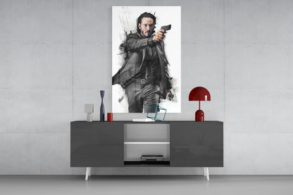 Suited Gunman Ink Splash Gray Glass Wall Art