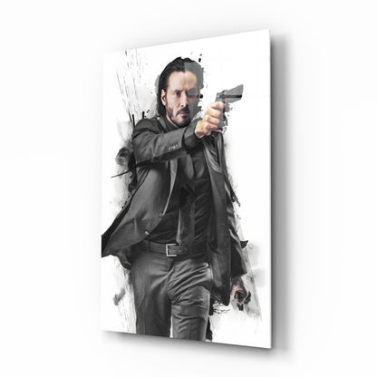 Suited Gunman Ink Splash Gray Glass Wall Art