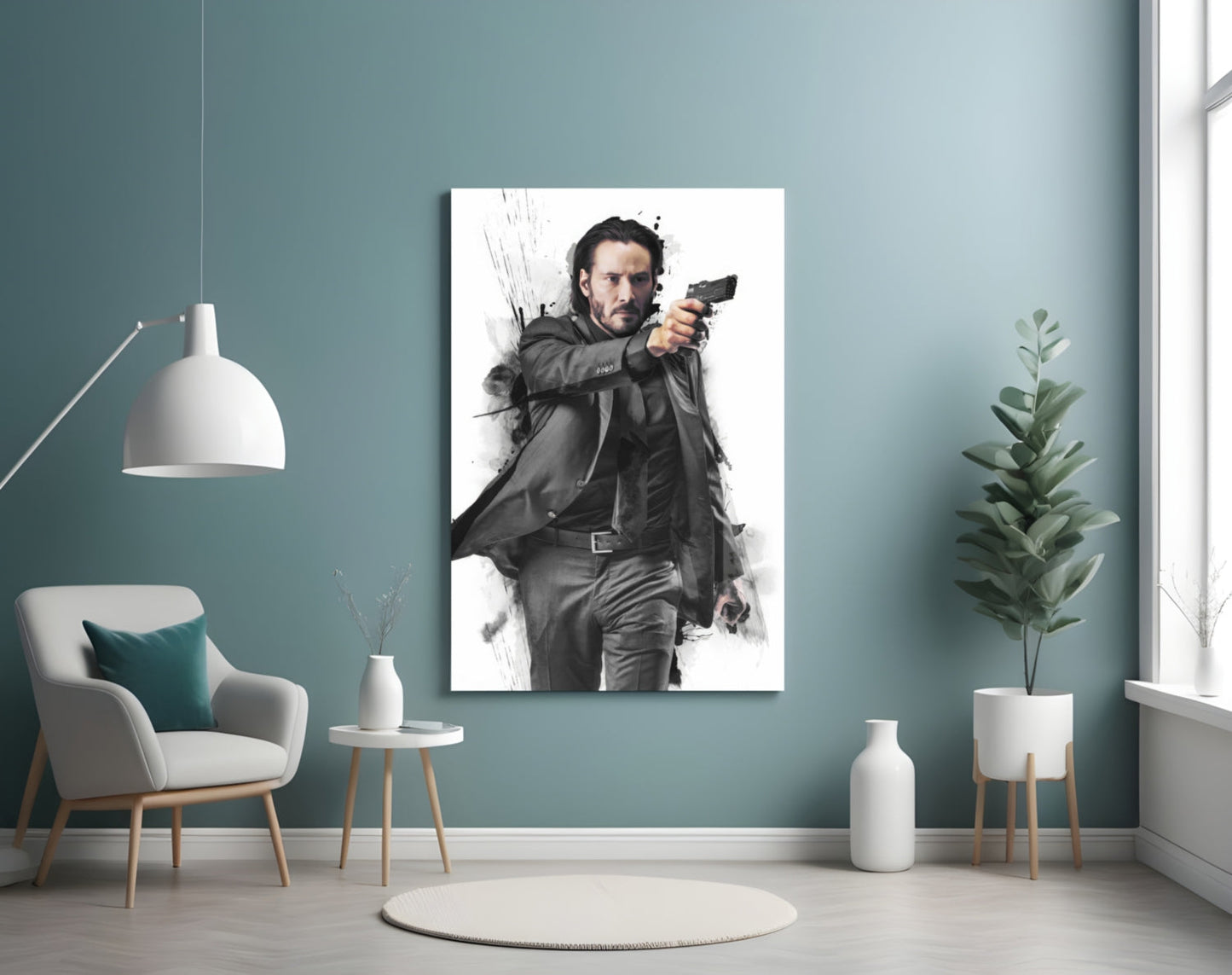 Suited Gunman Ink Splash Gray Glass Wall Art