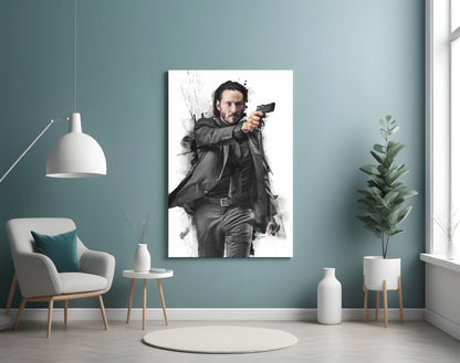 Suited Gunman Ink Splash Gray Glass Wall Art