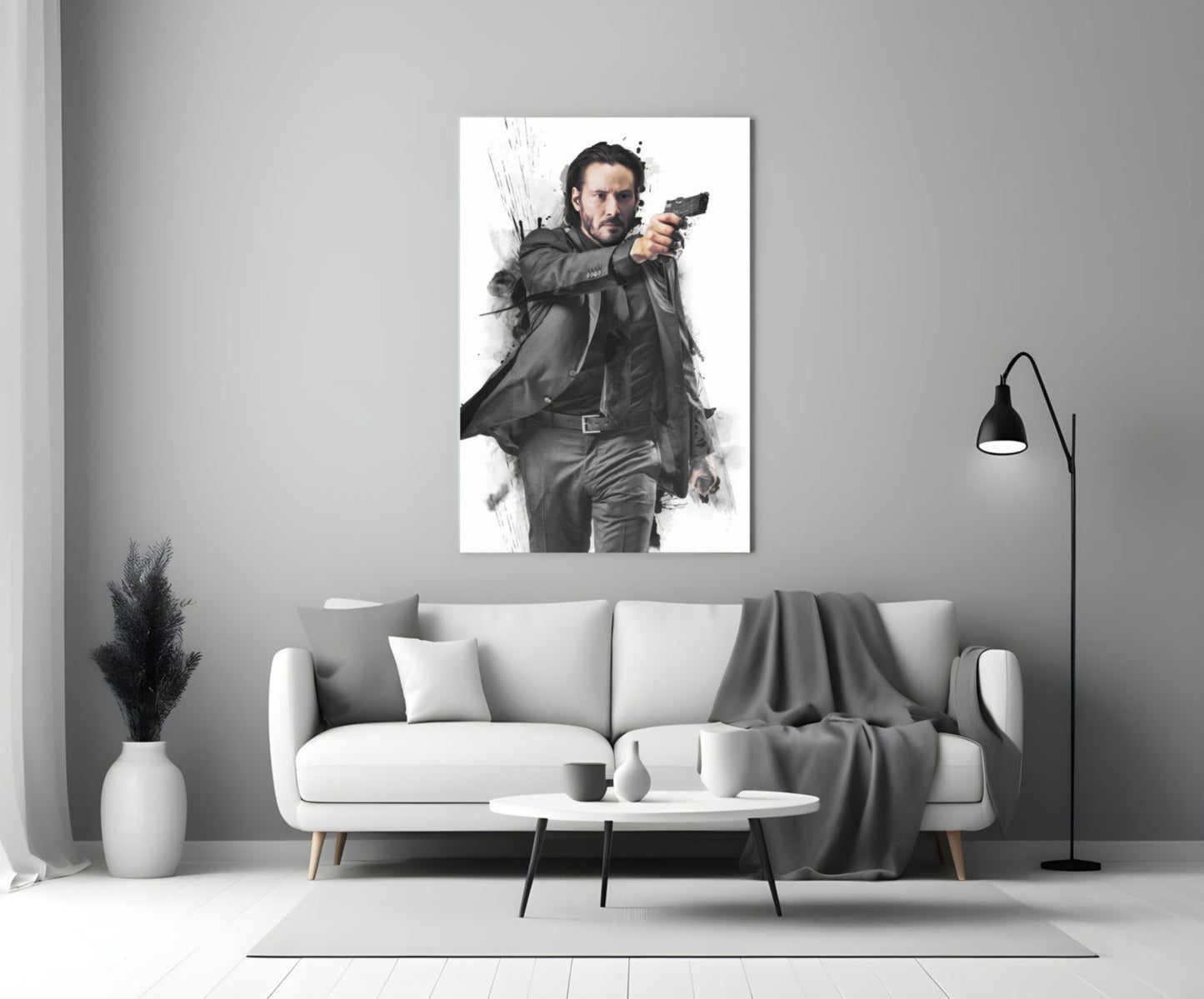 Suited Gunman Ink Splash Gray Glass Wall Art