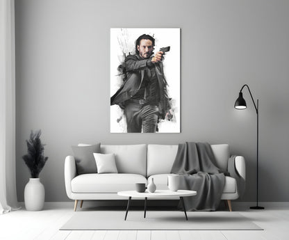 Suited Gunman Ink Splash Gray Glass Wall Art