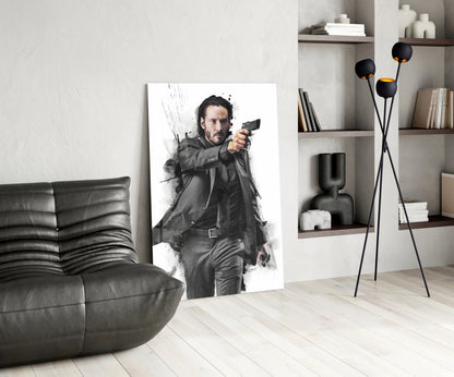Suited Gunman Ink Splash Gray Glass Wall Art