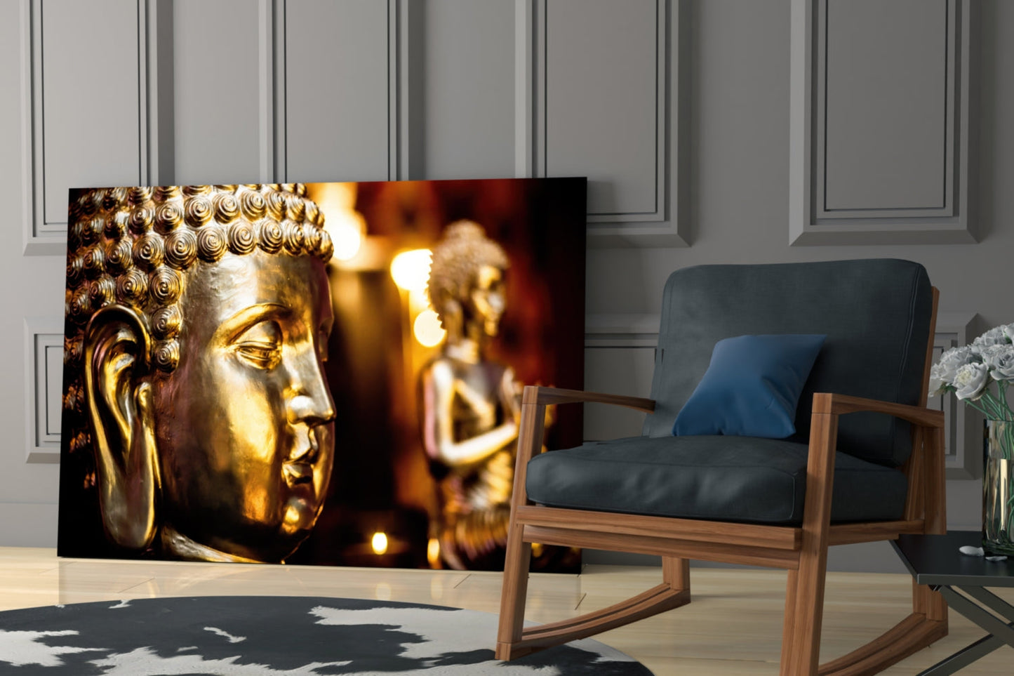 Golden Buddha and Candles Glass Wall Art