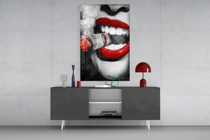 Red Lips Biting Burning Dollar Glass Wall Art