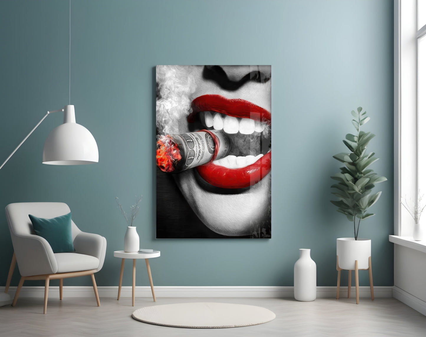 Red Lips Biting Burning Dollar Glass Wall Art