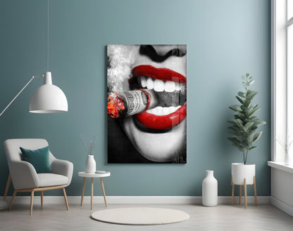 Red Lips Biting Burning Dollar Glass Wall Art
