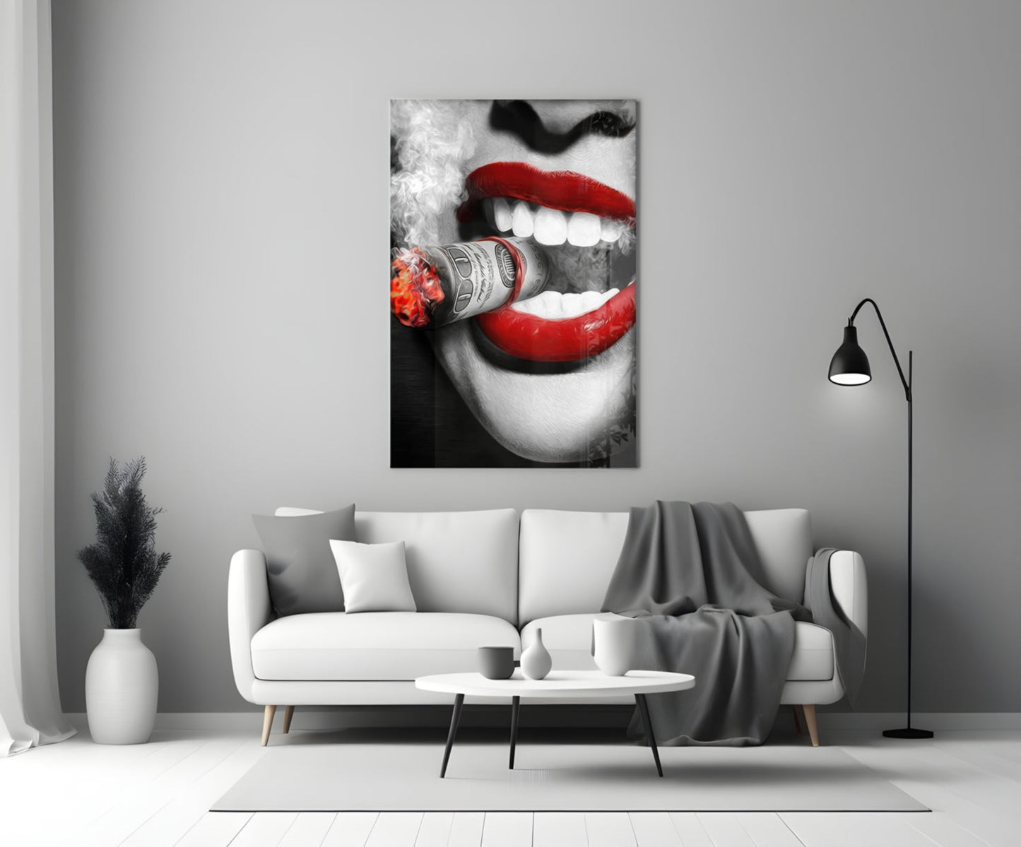 Red Lips Biting Burning Dollar Glass Wall Art