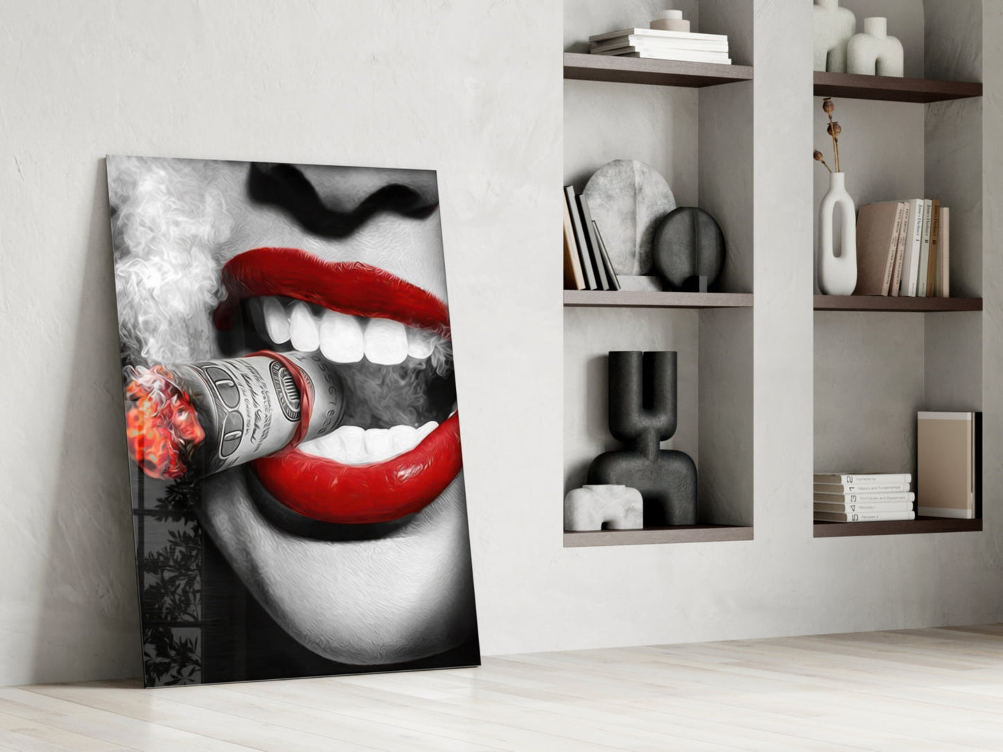Red Lips Biting Burning Dollar Glass Wall Art
