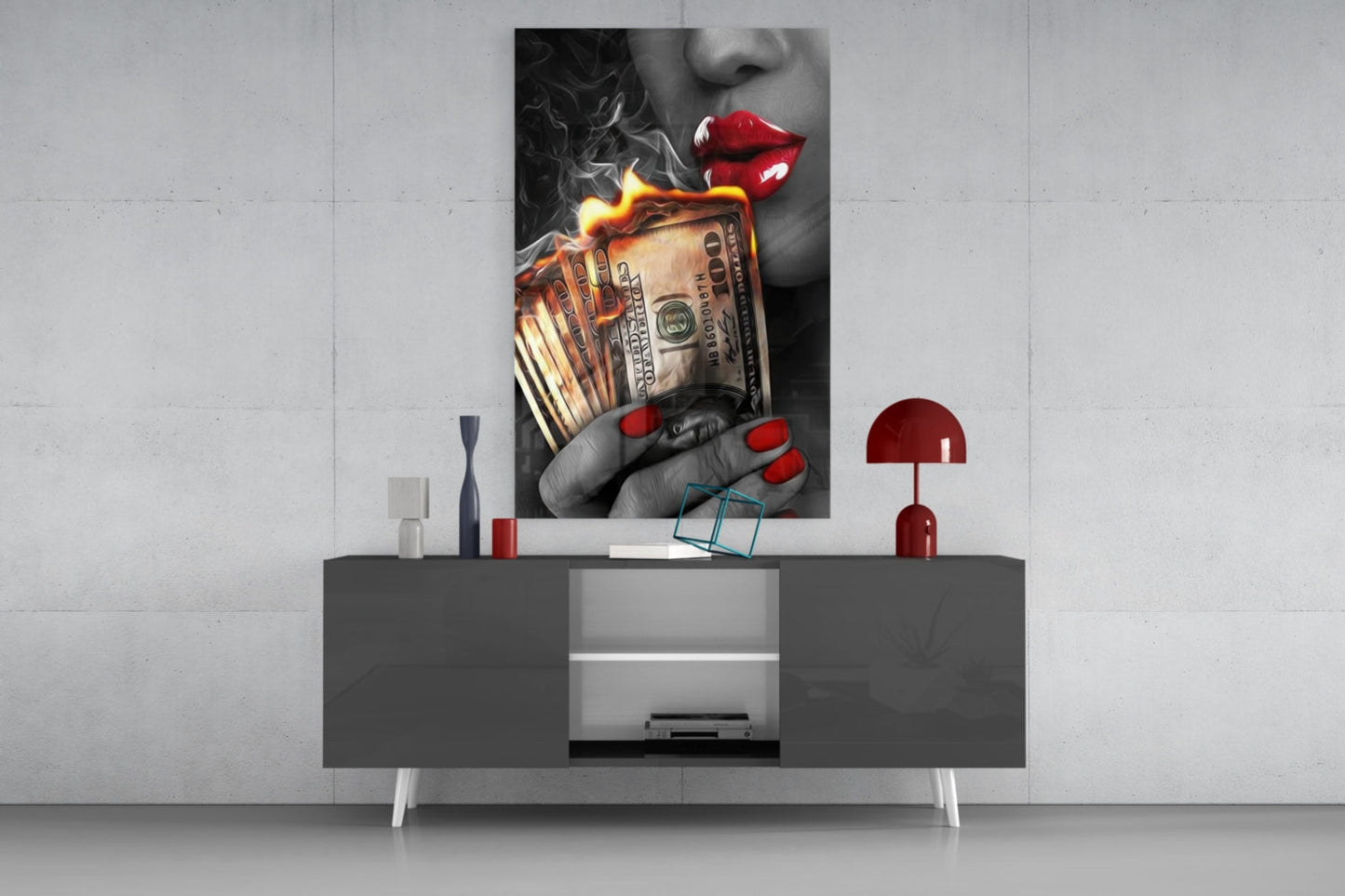 Red Nails Holding Burning Cash Glass Wall Art