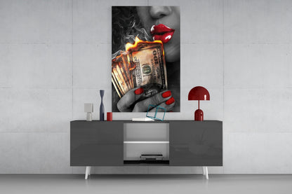 Red Nails Holding Burning Cash Glass Wall Art