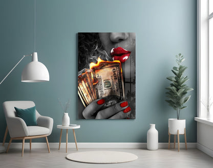 Red Nails Holding Burning Cash Glass Wall Art