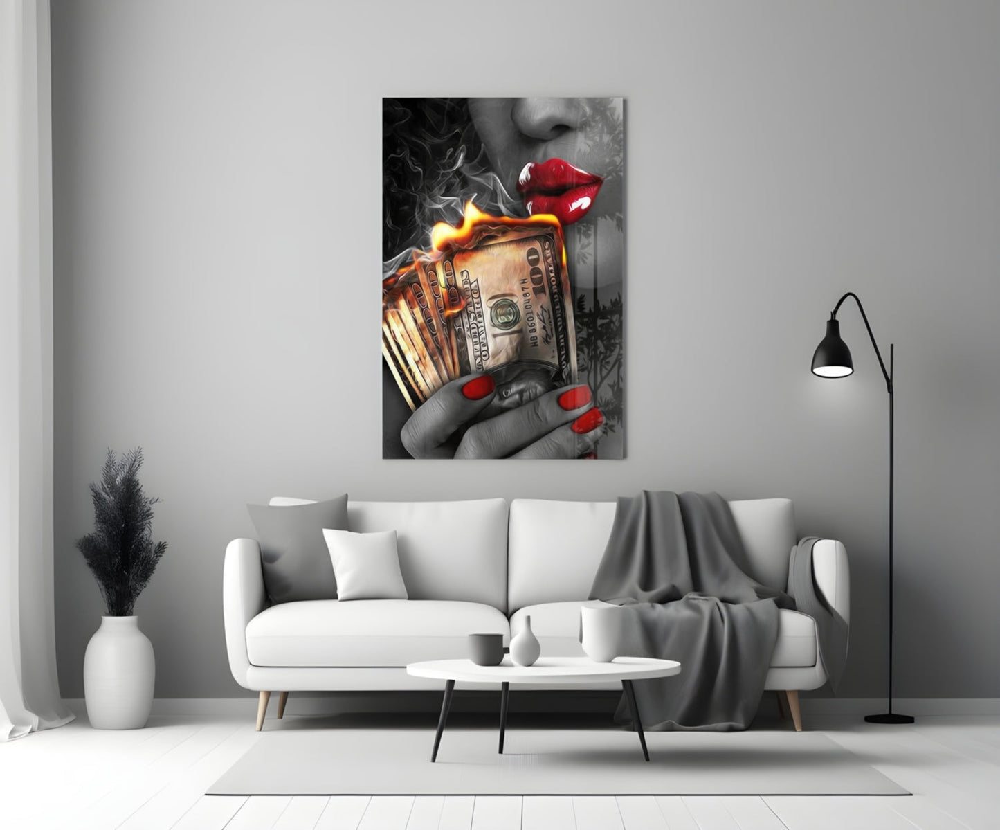 Red Nails Holding Burning Cash Glass Wall Art