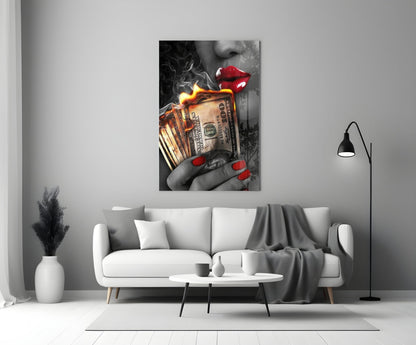 Red Nails Holding Burning Cash Glass Wall Art