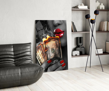 Red Nails Holding Burning Cash Glass Wall Art