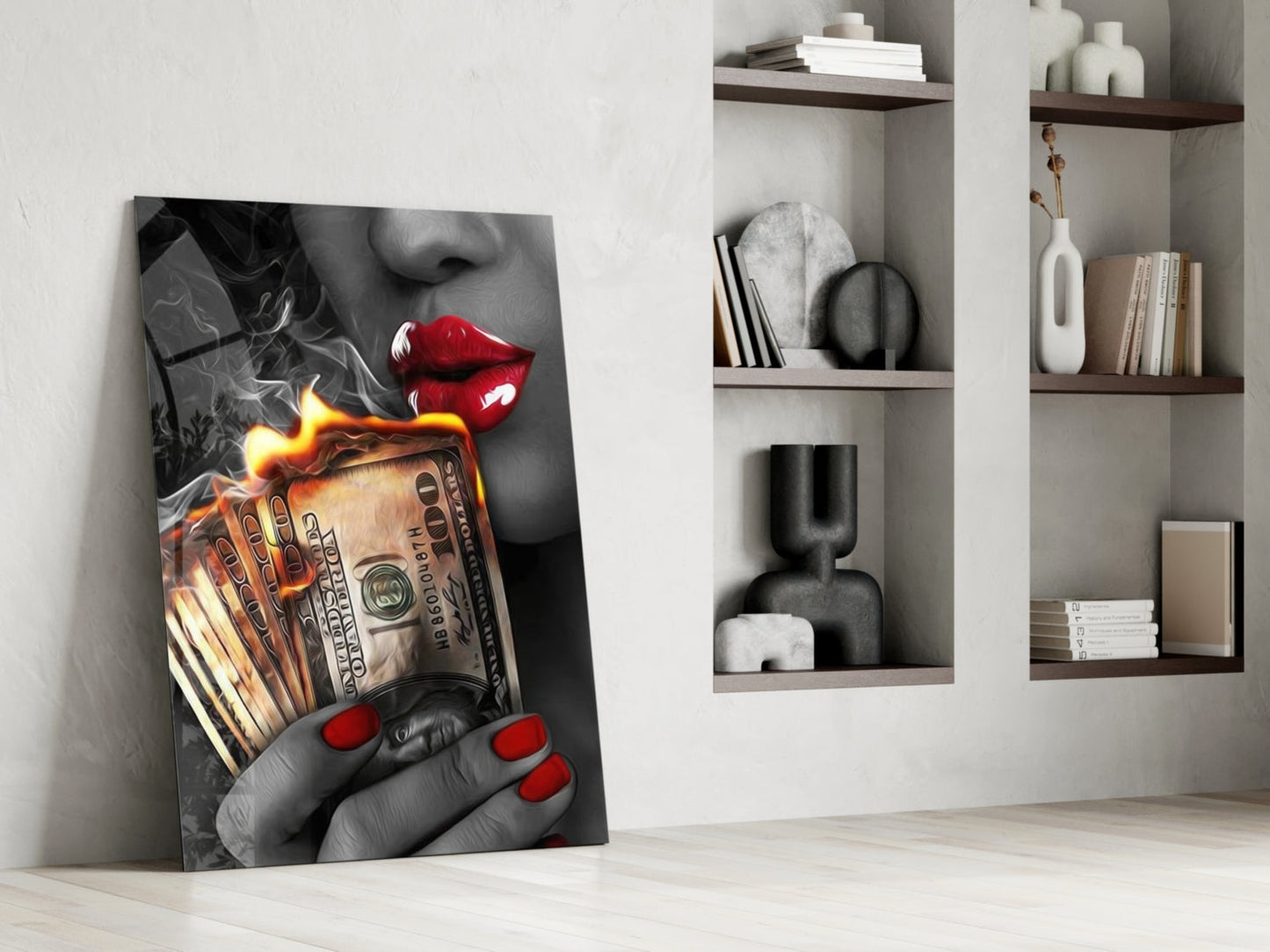 Red Nails Holding Burning Cash Glass Wall Art