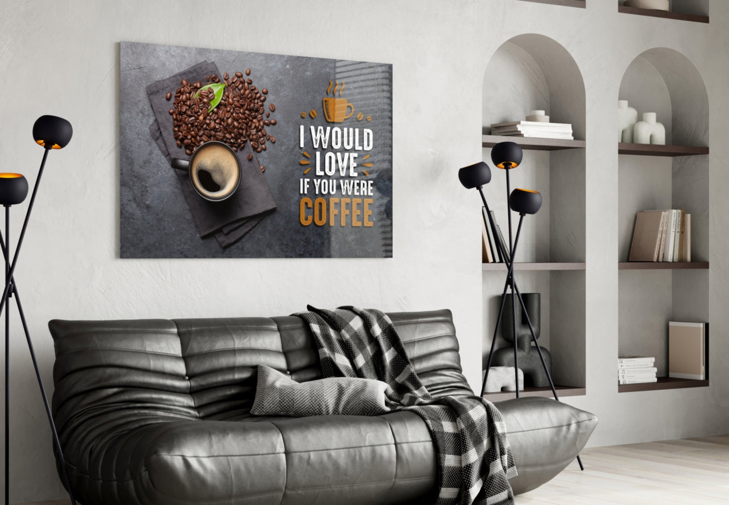 Coffee Cup And Beans With Quote Glass Wall Art