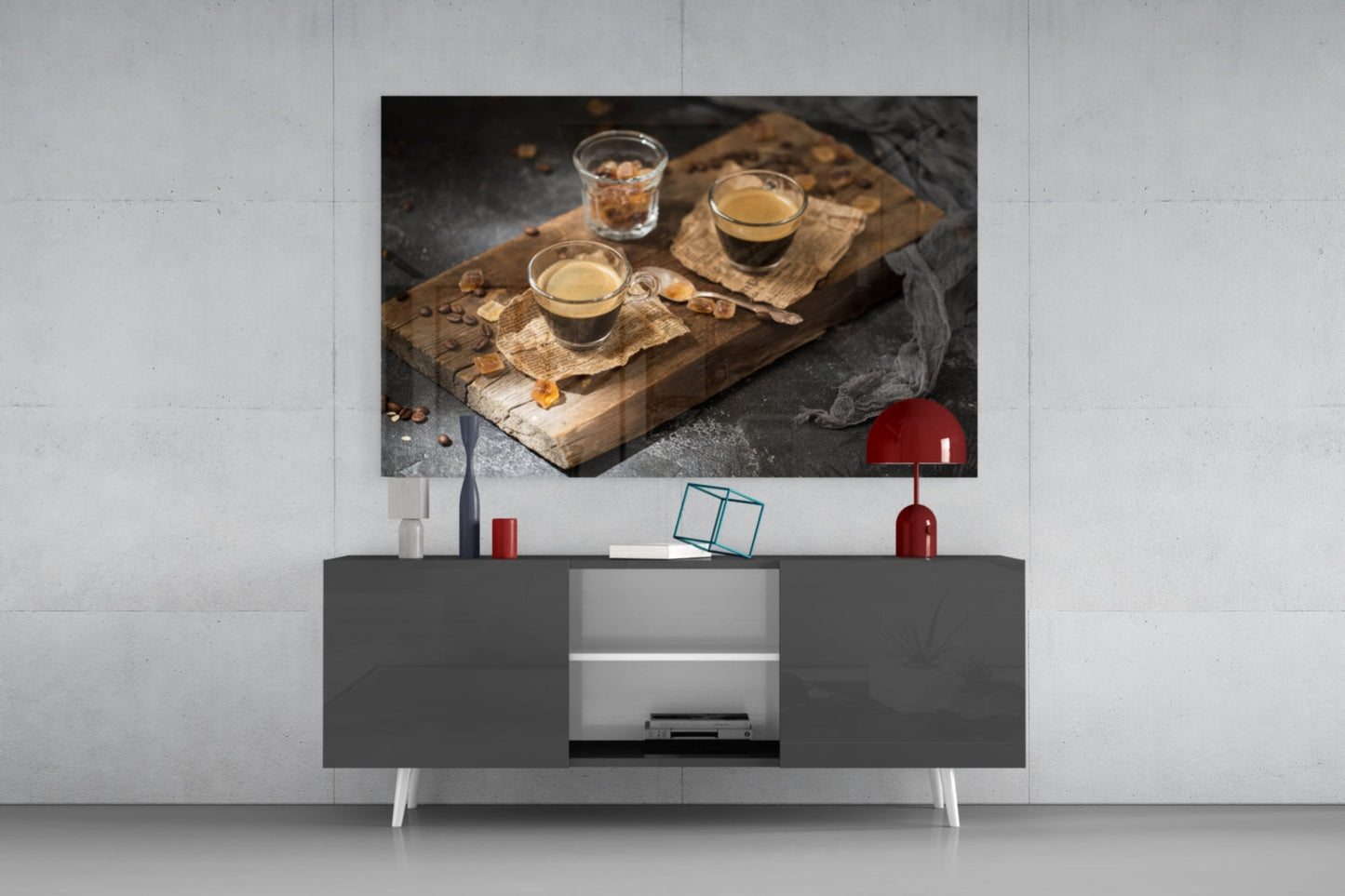 Two Espresso Shots On Wood Board Glass Wall Art