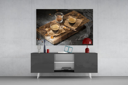 Two Espresso Shots On Wood Board Glass Wall Art