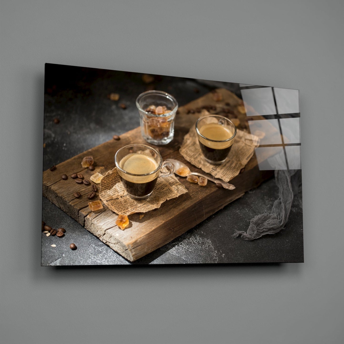 Two Espresso Shots On Wood Board Glass Wall Art