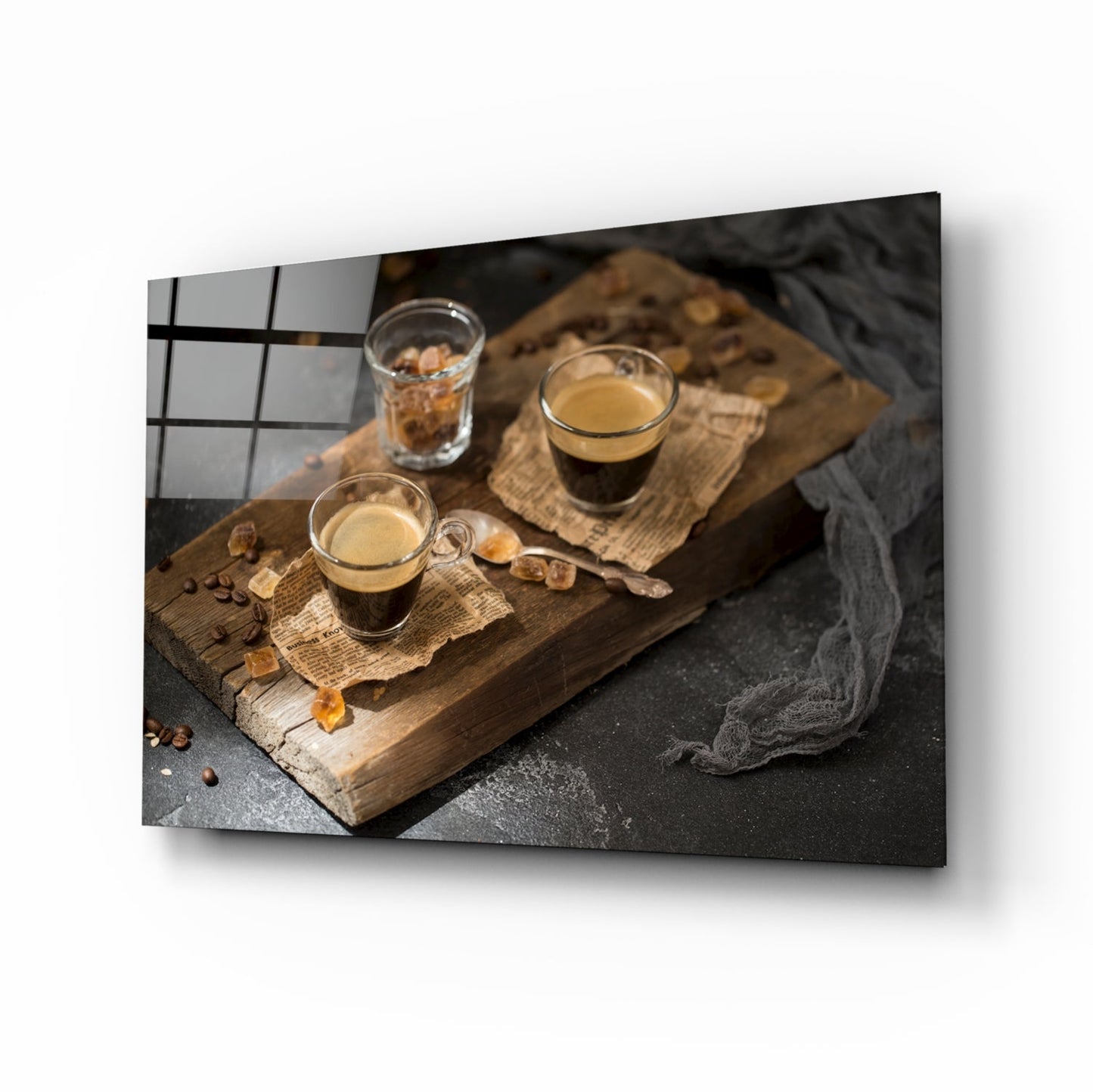 Two Espresso Shots On Wood Board Glass Wall Art