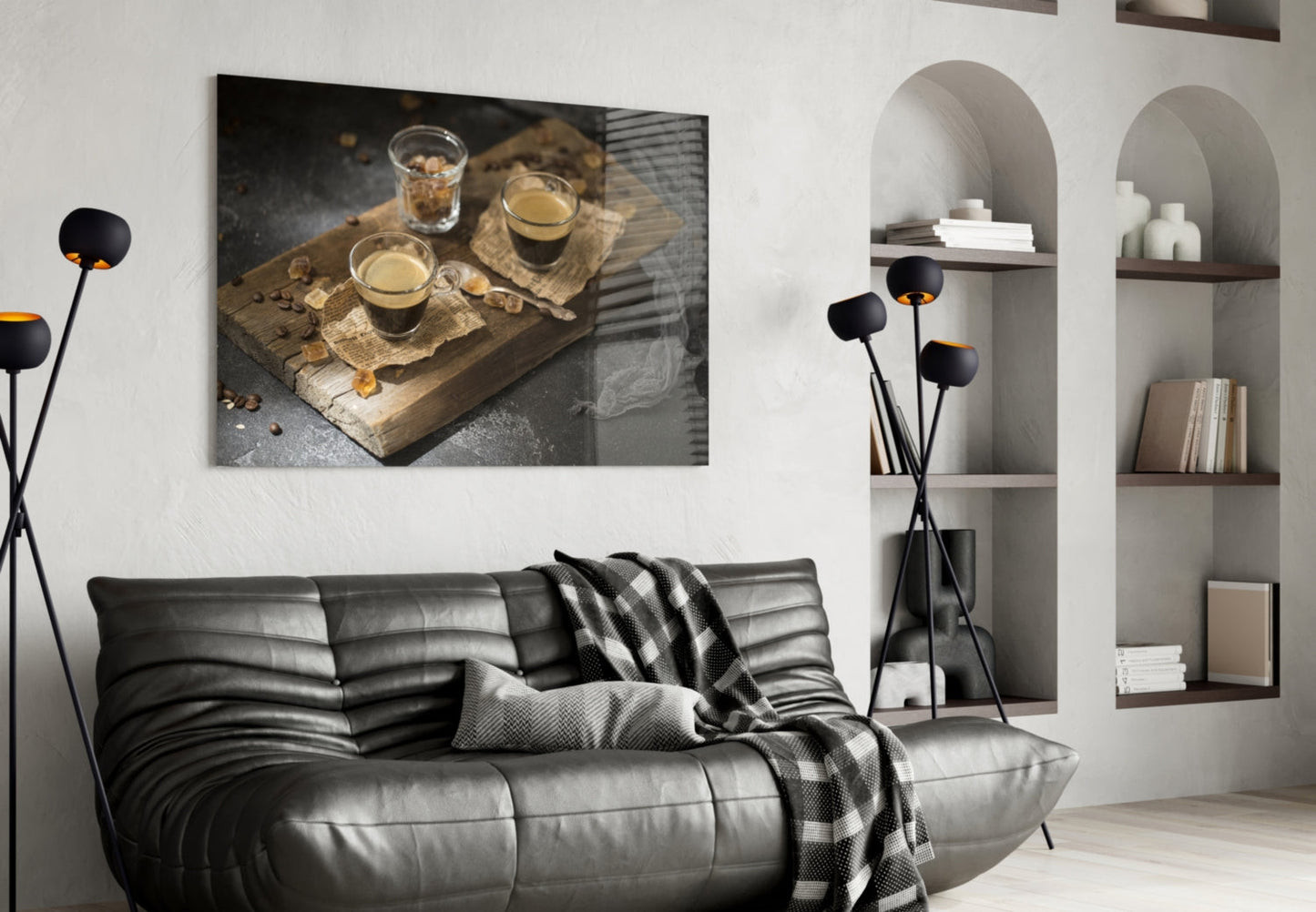 Two Espresso Shots On Wood Board Glass Wall Art