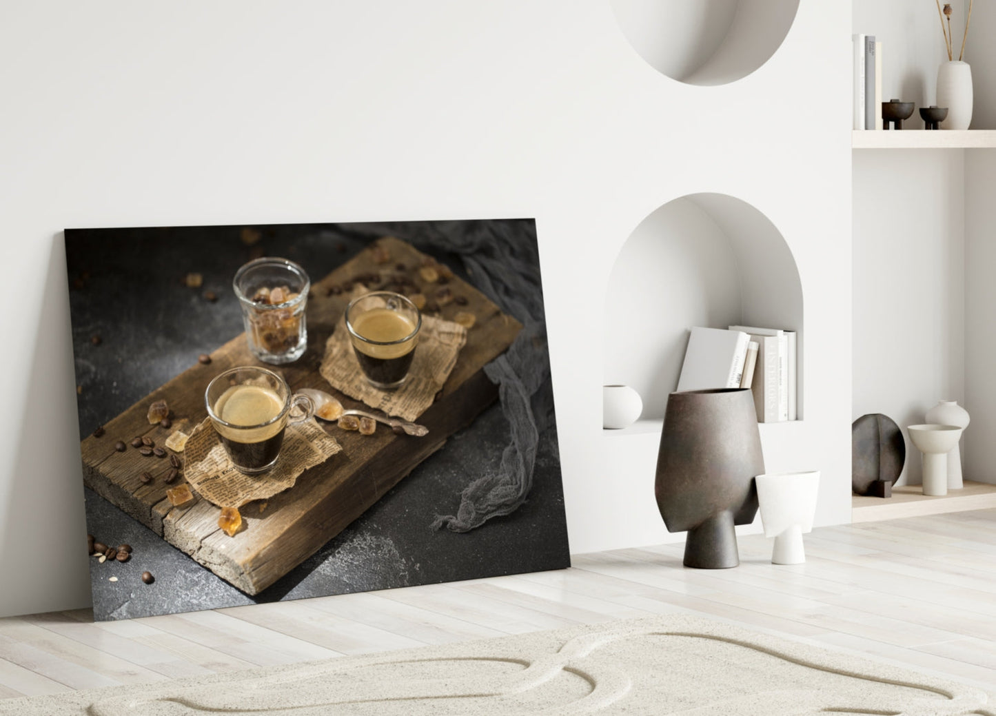 Two Espresso Shots On Wood Board Glass Wall Art