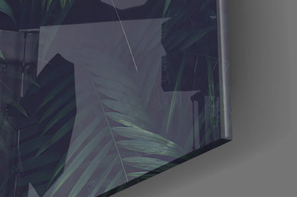 Close-up angle of frosted glass panel displaying green plant leaf shadows against purple-toned background.