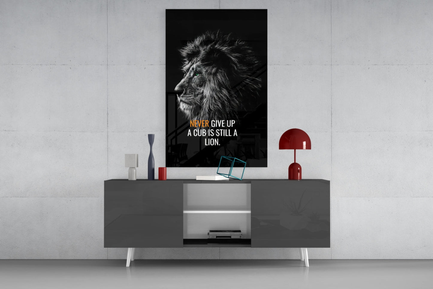 Never Give Up Lion Quote Glass Wall Art