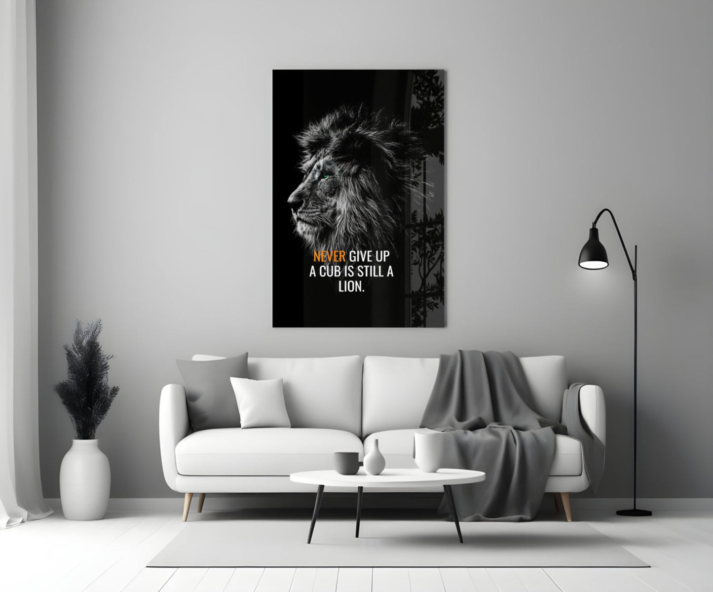 Never Give Up Lion Quote Glass Wall Art